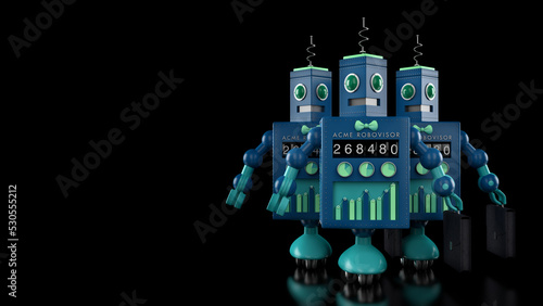 Robo-advisor algorithmic trading concept. AI-managed automated programmatic trading and investment illustration. Artificial intelligence for forex, stocks. Robot team 3D illustration render in 8k. photo