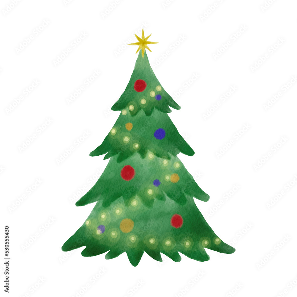 Watercolor cute fir tree with balls, winter Christmas tree hand drawn illustration isolated on white background Watercolor cute fir tree with balls, winter Christmas tree hand drawn illustration isolated on white background