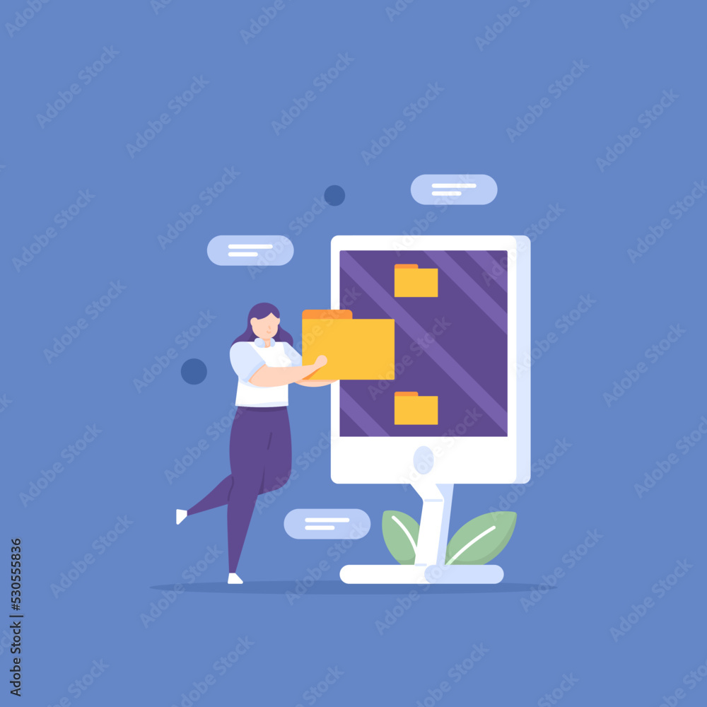 data entry, document and file manager, secretarial staff or administrator. A worker enters data into a computer. data folder management. concept illustration design. for posters, landing pages
