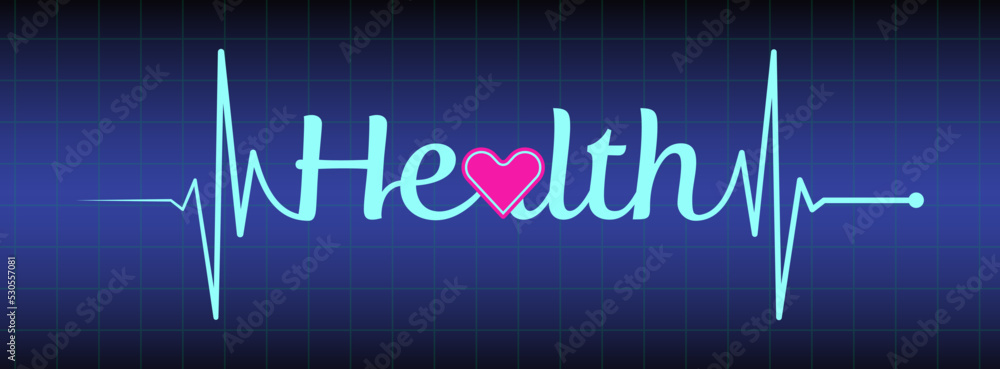 Ecg, ekg line, health text design on blue medical background. Healthy heart symbol to use in health industry, cardiology, medical care, hospital, health science projects.
