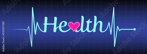 Ecg, ekg line, health text design on blue medical background. Healthy heart symbol to use in health industry, cardiology, medical care, hospital, health science projects.
