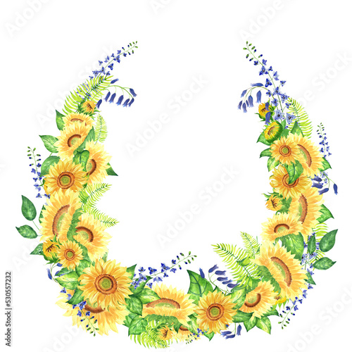 Hand-painted watercolor wreath of sunflowers, blubells and delphinium. Full of green leaves and ferns photo