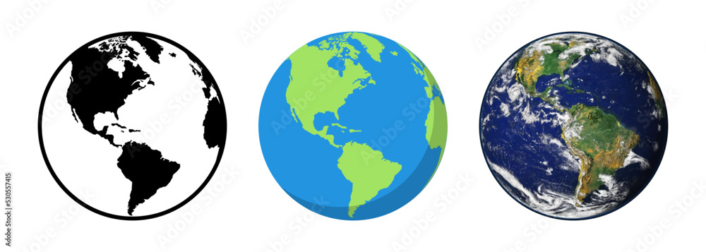 Earth Globe. Earth Globe in different designs. Web flat and realistic design. Earth Globe, planet. vector illustration