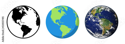 Earth Globe. Earth Globe in different designs. Web flat and realistic design. Earth Globe, planet. vector illustration