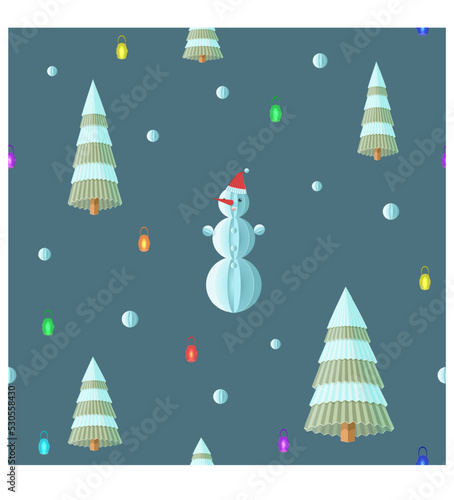 Christmas pattern with snowman, firs, snowballs and lanterns. For festive packaging, wrapping paper and fabrics