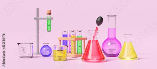 3d science experiment kit with beaker, test tube isolated on pink background. room online innovative education concept, 3d render illustration