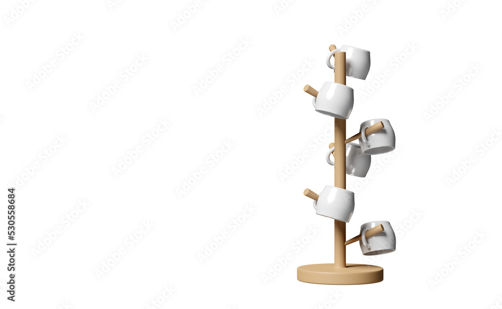 3d coffee cup drying rack wooden for kitchen counter, space isolate. trendy style concept, 3d render illustration 3d coffee cup drying rack wooden for kitchen counter, space isolate. trendy style concept, 3d render illustration