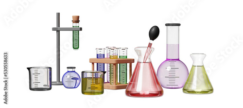 3d science experiment kit with beaker, test tube isolated. room online innovative education concept, 3d render illustration