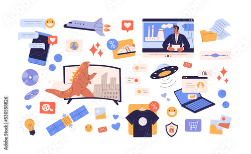 Internet stuff set. Online media, digital virtual content, social networks, TV news bundle. Information technology, likes, emojis and messages. Flat vector illustrations isolated on white background