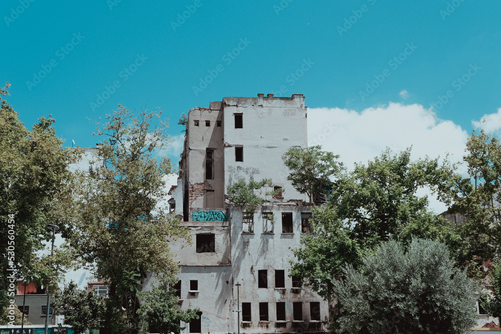 Fototapeta premium Damaged white building among trees, open blue sky, retro color palette, Eminonu karakoy old streets and structures, abandoned building idea