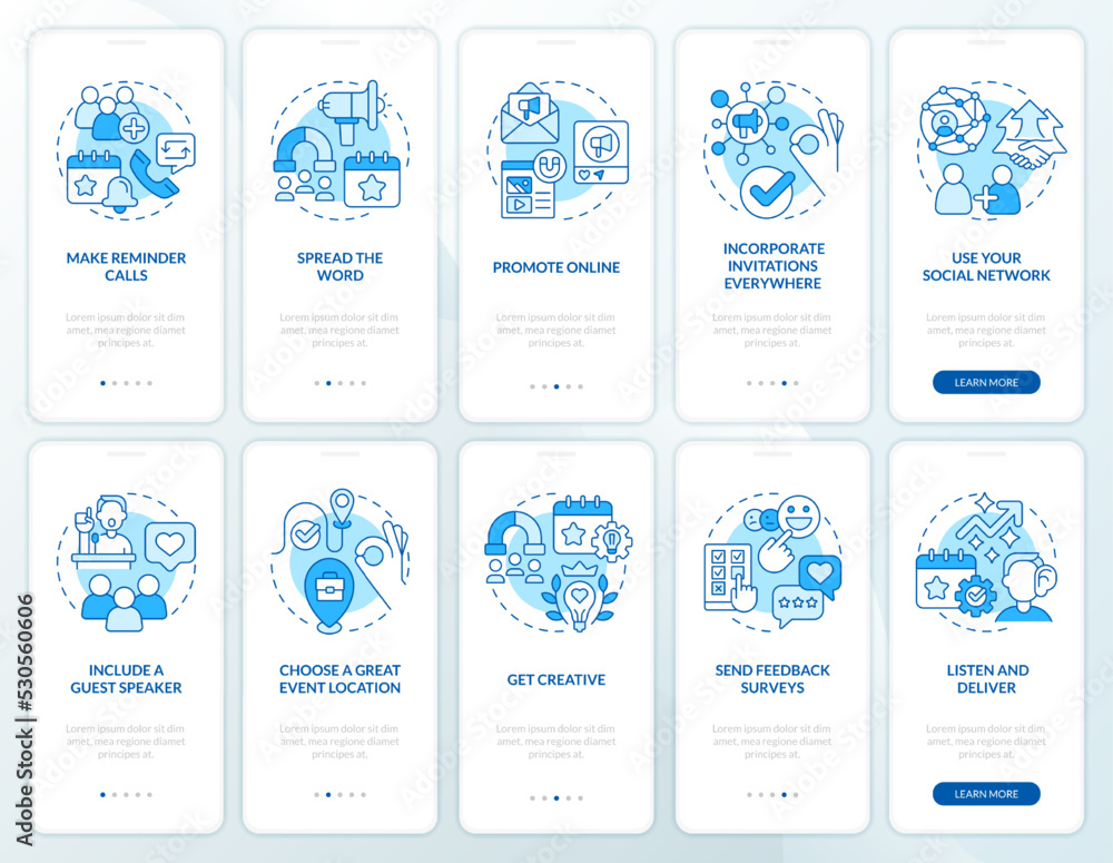 Increasing meeting attendance blue onboarding mobile app screen set. Walkthrough 5 steps editable graphic instructions with linear concepts. UI, UX, GUI template. Myriad Pro-Bold, Regular fonts used Increasing meeting attendance blue onboarding mobile app screen set. Walkthrough 5 steps editable graphic instructions with linear concepts. UI, UX, GUI template. Myriad Pro-Bold, Regular fonts used