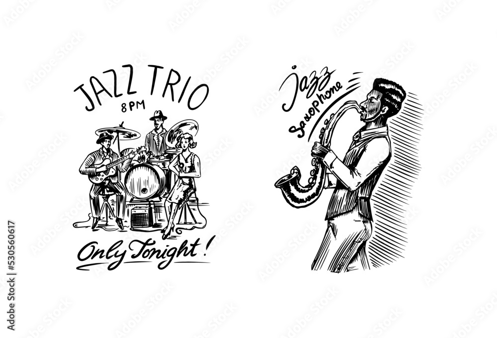 Jazz band. Singer with microphone, guitarist and drummer. Afro American saxophonist. The trio play instruments. Hand drawn logo or badge. Sketch. Doodle vector illustration. Jazz band. Singer with microphone, guitarist and drummer. Afro American saxophonist. The trio play instruments. Hand drawn logo or badge. Sketch. Doodle vector illustration.