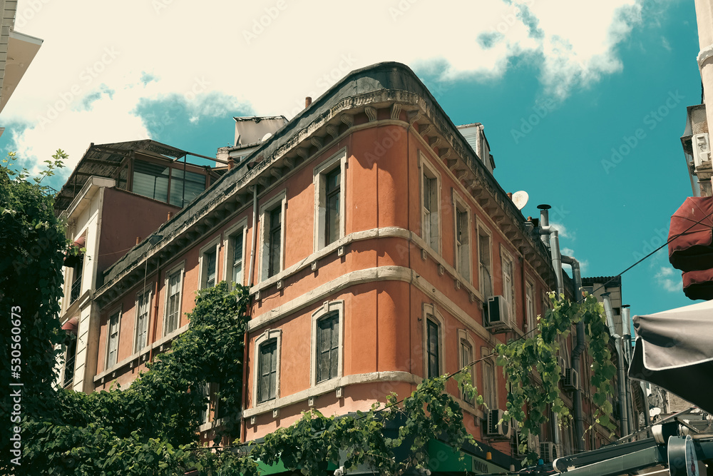 Orange historical building with ivy, wide-angle perspective, blue sky with cloudy weather, Istanbul historical architecture, retro color palette, Turkey tourism background