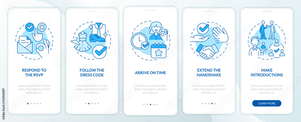 Business event etiquette rules blue onboarding mobile app screen. Walkthrough 5 steps editable graphic instructions with linear concepts. UI, UX, GUI template. Myriad Pro-Bold, Regular fonts used