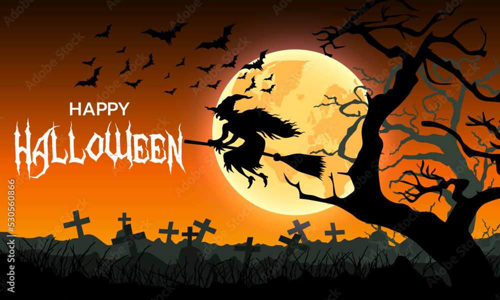 Happy halloween with the tree, witch, full moon, cemetery and bats.vector illustration.