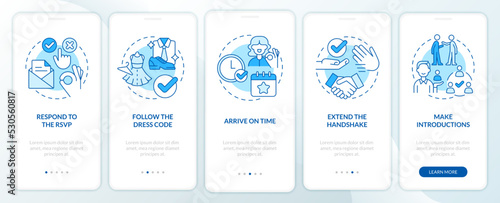 Business event etiquette rules blue onboarding mobile app screen. Walkthrough 5 steps editable graphic instructions with linear concepts. UI, UX, GUI template. Myriad Pro-Bold, Regular fonts used