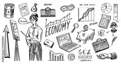 Economy poster. Finance and money. Piggy bank, calculator and graphs. Set of hand drawn icons for business in investments. Hand drawn Sketch. Doodle vector illustration.