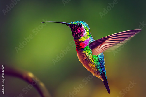 Fotografia, Obraz Flying hummingbird with green forest in background