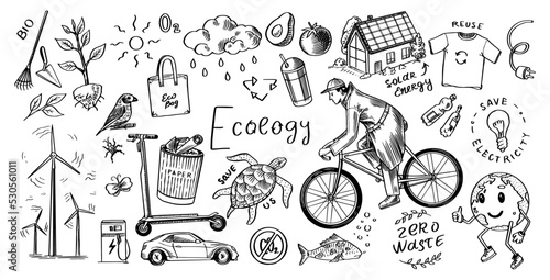 Ecology background. Zero waste. Hand drawn eco transport, bio. Waste sorting and recycling. Windmills and nature. Woodcut Doodles set. Engraved sketch.