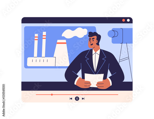 Anchor at desk in TV news studio. Anchorman telling latest information. Television broadcast with newscaster, screen. Newsreader in media program. Flat vector illustration isolated on white background