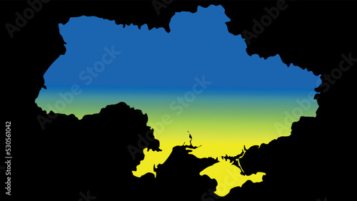 Silhouette of Ukraine country map. Highly detailed editable yellow and blue gradient map of Ukraine. Political or geographical design element vector illustration on black background