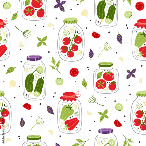 Seamless vector pattern with canned tomatoes, cucumbers and peppers.