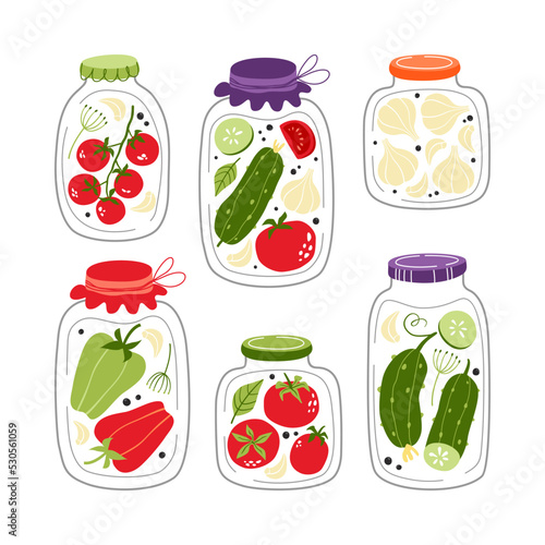 Vector pickled vegetables in jars