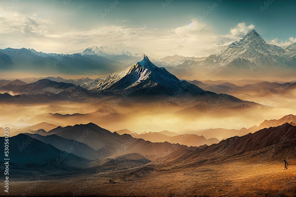 In search of Shambhala. Tibet. The sun rises above the horizon from behind the mountains. Beautiful abstract landscape.  Digital art. 3D illustration