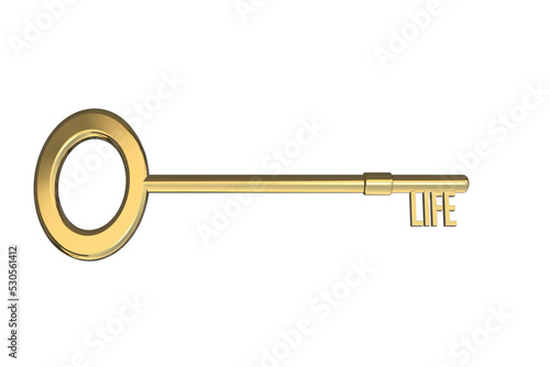 key to life concept meaning of life concept life word on a gold 3D key cut out isolated on a white background