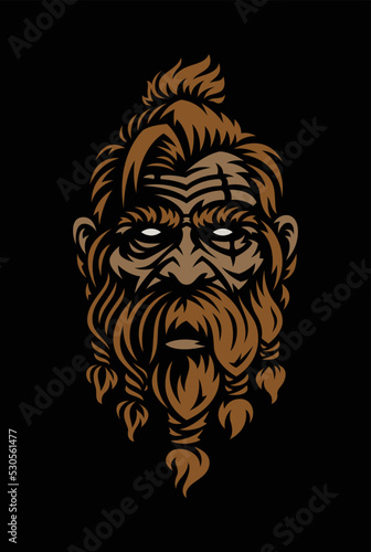 Viking logo design. Nordic warrior symbol. Barbarian man head in black background