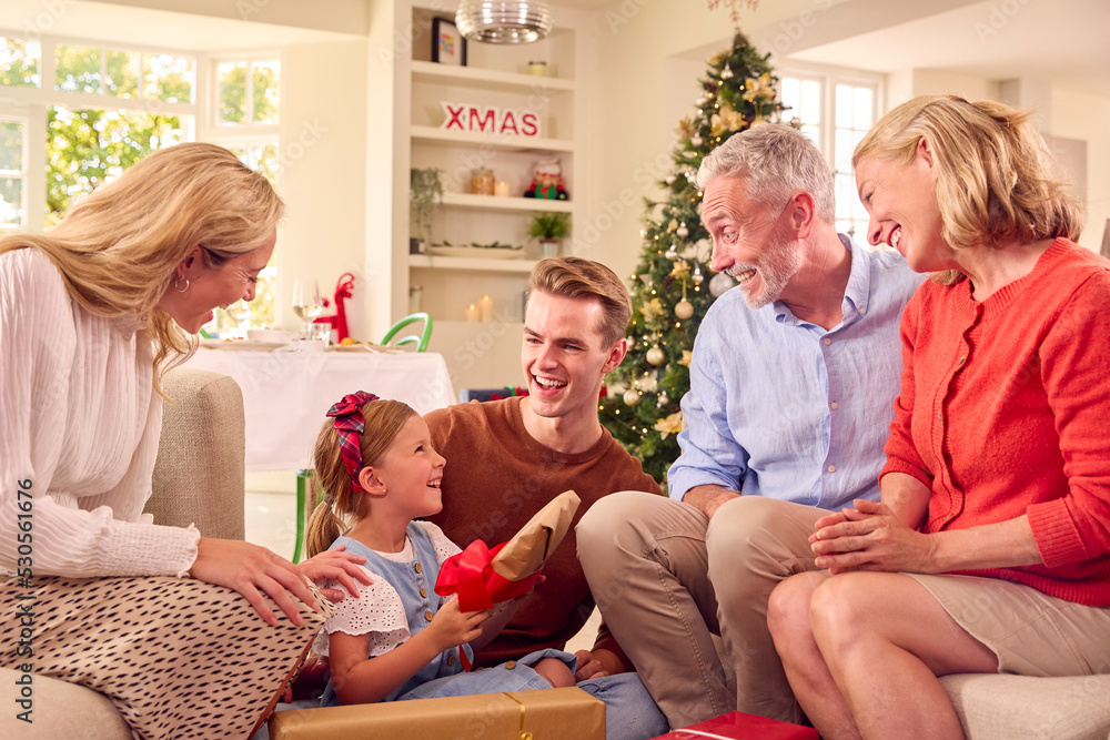 Fototapeta premium Multi-Generation Family Celebrating Christmas At Home Opening Presents Together