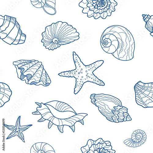 seamless pattern sea shells blue