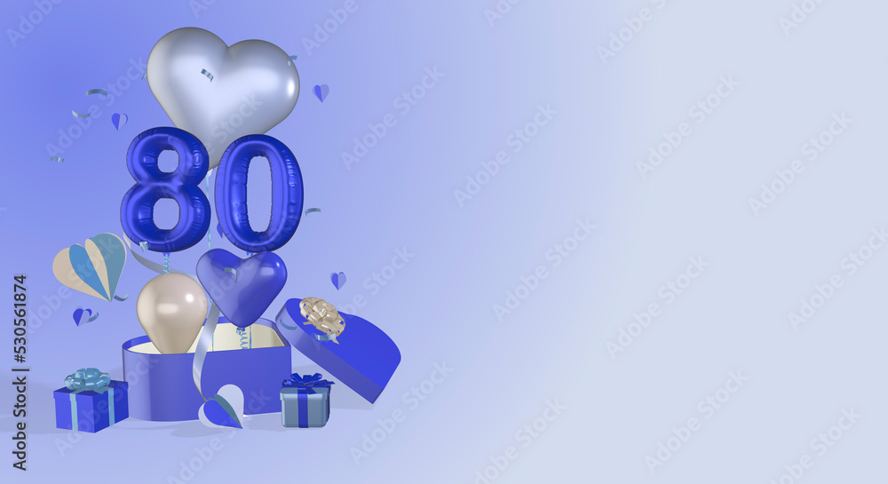 3D render rendered gift boxes heart balloons ribbon bows balloon numbers numerals suitable for 80th birthday or anniversary 3D render rendered gift boxes heart balloons ribbon bows balloon numbers numerals suitable for 80th birthday or anniversary
