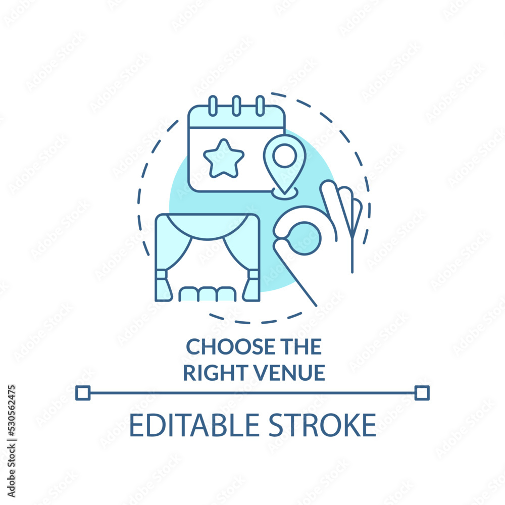Choose right venue turquoise concept icon. Comfortable location. Planning small event abstract idea thin line illustration. Isolated outline drawing. Editable stroke. Arial, Myriad Pro-Bold fonts used