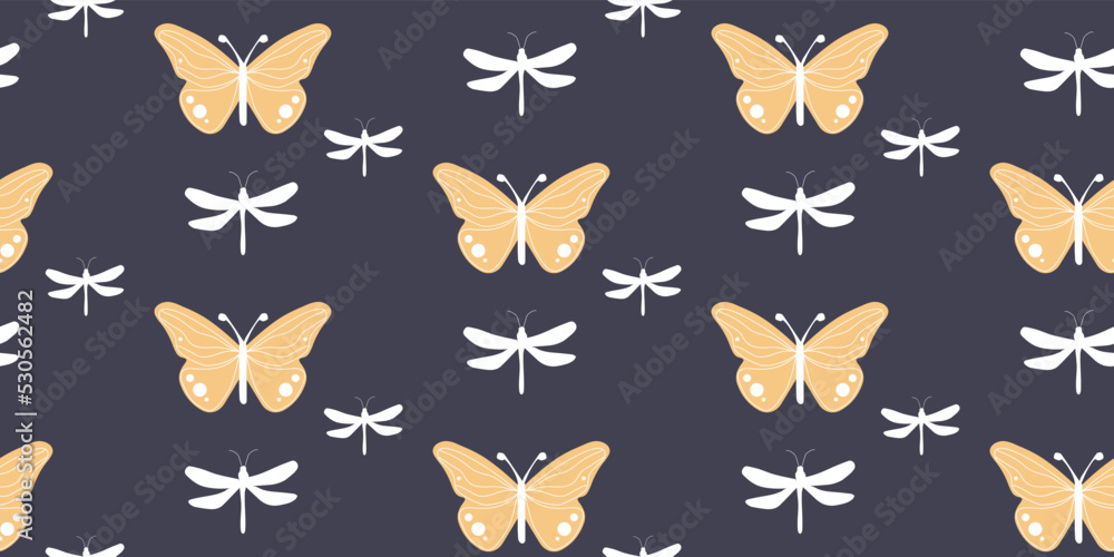 Seamless pattern of dragonflies and butterflies on a dark blue background.Suitable for printing on fabric and paper. Seamless pattern of dragonflies and butterflies on a dark blue background.Suitable for printing on fabric and paper.