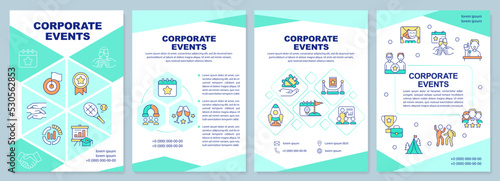 Corporate events mint brochure template. Business meeting. Leaflet design with linear icons. Editable 4 vector layouts for presentation, annual reports. Arial-Black, Myriad Pro-Regular fonts used
