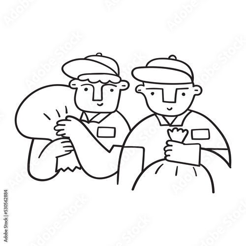 Waste collectors. Hand drawn vector outline illustration on white background.