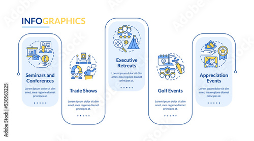 Corporate events types rectangle infographic template. Business. Data visualization with 5 steps. Editable timeline info chart. Workflow layout with line icons. Lato-Bold, Regular fonts used