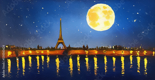 Paris city at night oil painting palette knife on canvas. Starry night and full moon cityscape. Popular touristic place. Trendy wall art print, poster, creative design.