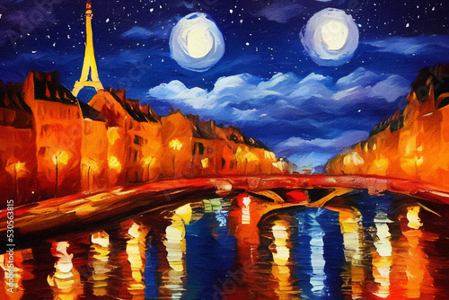 Paris city at night oil painting palette knife on canvas. Starry night and full moon cityscape. Popular touristic place. Trendy wall art print, poster, creative design.