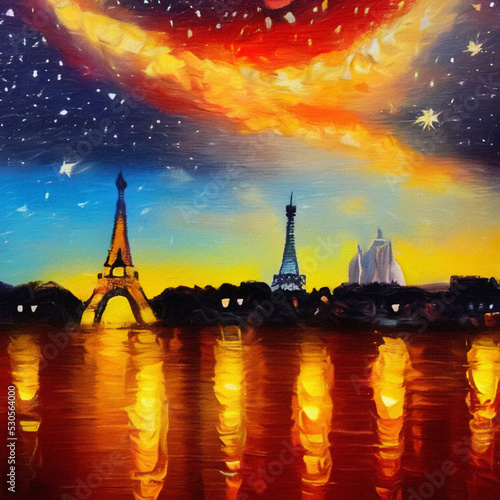 Paris city at night oil painting palette knife on canvas. Starry night and full moon cityscape. Popular touristic place. Trendy wall art print, poster, creative design.