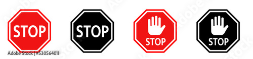 Red stop sign icon collection. Stop street sign. Stop hand sign with text flat icon for apps and websites isolated on white background.