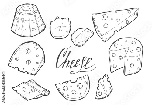 Cheese organic milk butter fresh food vector hand drawn illustration set, menu label, banner poster identity, branding. Stylish design with sketch illustration of Cheese variations cuisine sketch.