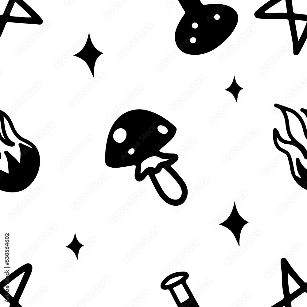 Obraz premium Line doodle black magic seamless pattern with mushroom and magic potion isolated on white background