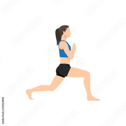 Woman doing High lunge quad stretch, Alanasan. Practice Ashta Chandrasana. Flat vector illustration isolated on white background
