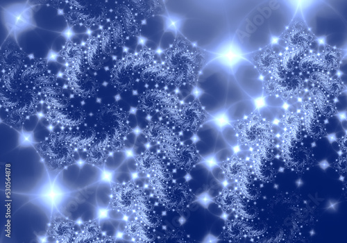 Abstract blue and white fractal art background of infinitely repeating glowing sparkles.