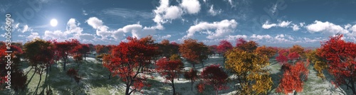 Autumn landscape panorama  trees with red and yellow leaves against a blue sky with clouds  3d rendering
