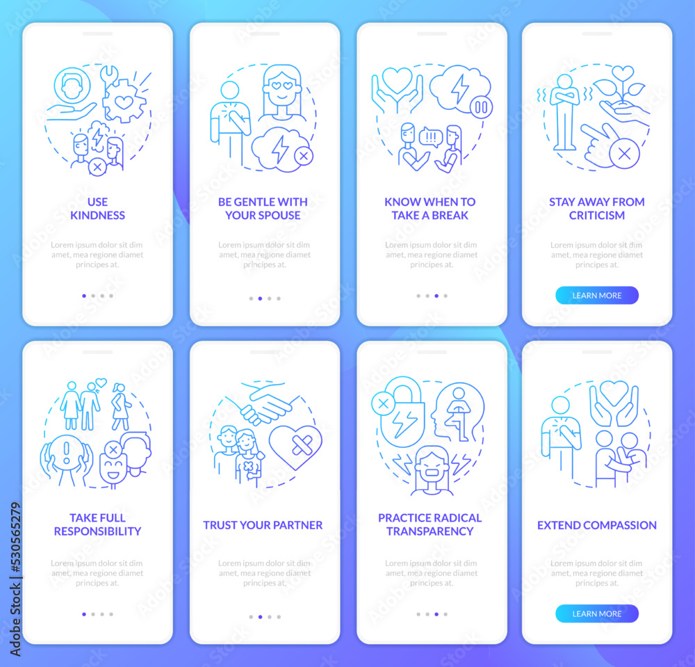 Save relationship and marriage blue gradient onboarding mobile app screen set. Walkthrough 4 steps graphic instructions with linear concepts. UI, UX, GUI template. Myriad Pro-Bold, Regular fonts used