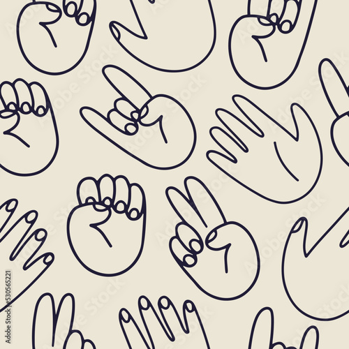 Hand drawn vector seamless pattern with human hands in gestures in line doodle style
