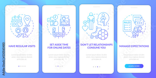 Surviving long-distance love blue gradient onboarding mobile app screen. Walkthrough 4 steps graphic instructions with linear concepts. UI, UX, GUI template. Myriad Pro-Bold, Regular fonts used